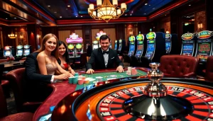 Engage with the exciting atmosphere of online gambling at rikvip.gb.net with vibrant casino visuals and professional gaming setups.