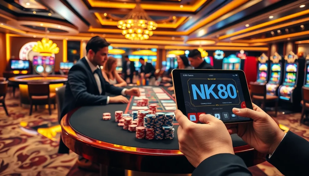 Experience the thrill of Link NK88 with a vibrant online casino atmosphere featuring poker tables, roulette wheels, and slot machines.