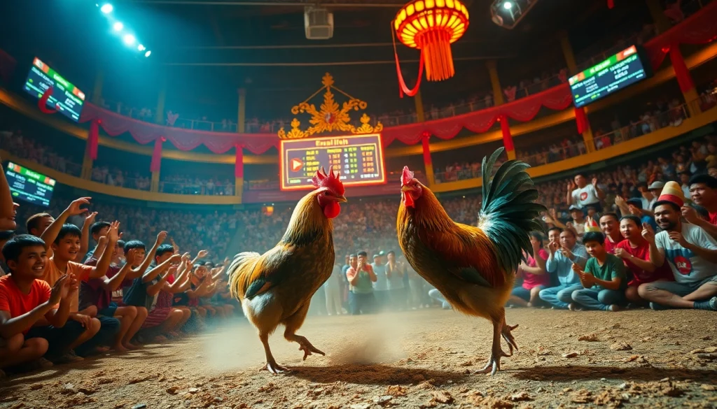 Live thrilling cockfighting event at SV368win.live, showcasing vibrant competition.