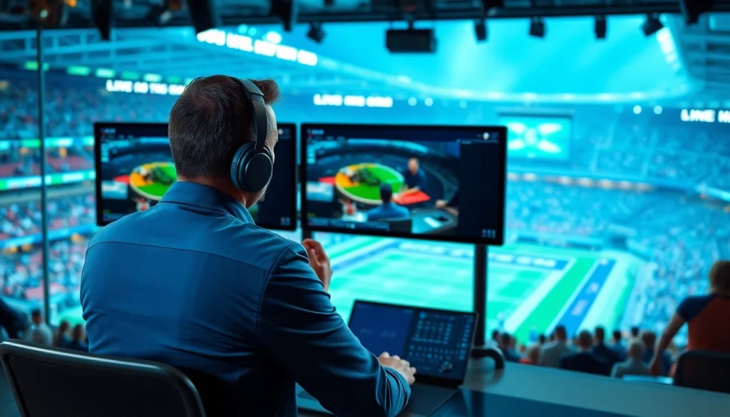 Engaging commentary in sports broadcasting showcasing a vibrant stadium backdrop.