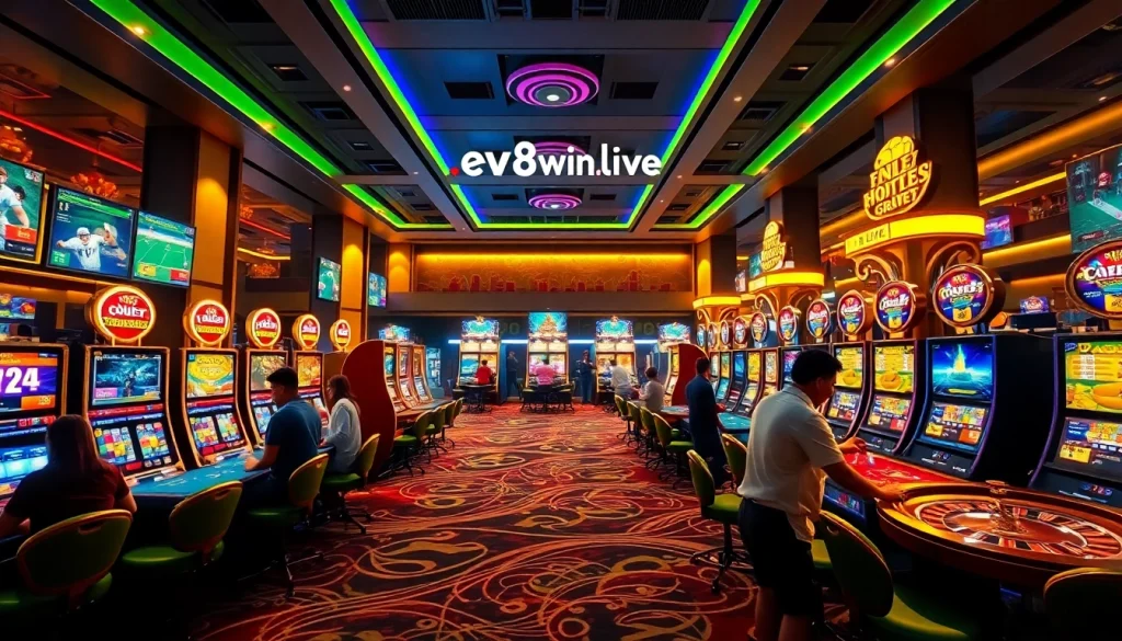 Experience the excitement of ev88win.live's online gaming with vibrant casino scenes.
