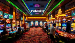 Experience the excitement of ev88win.live's online gaming with vibrant casino scenes.