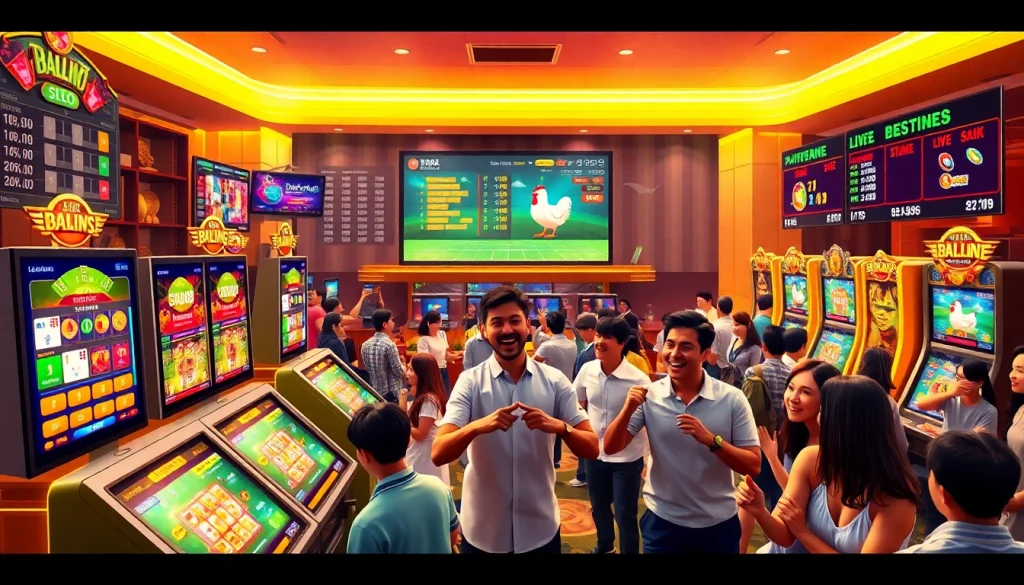 Diverse players enjoying exciting online games at dagawin.live, featuring vibrant slot machines and live betting visuals.