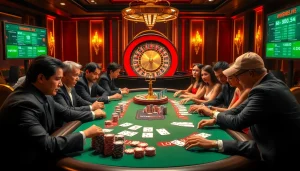 Players strategizing in a high-stakes poker game at win55win.live casino, surrounded by vibrant chips and cards.