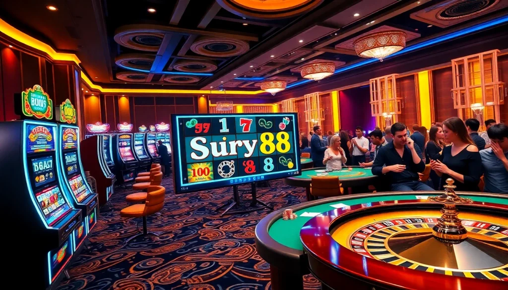 Menghadapi permainan slot surya88 yang mendebarkan di meja kasino mewah dengan dekorasi yang berwarna-warni.