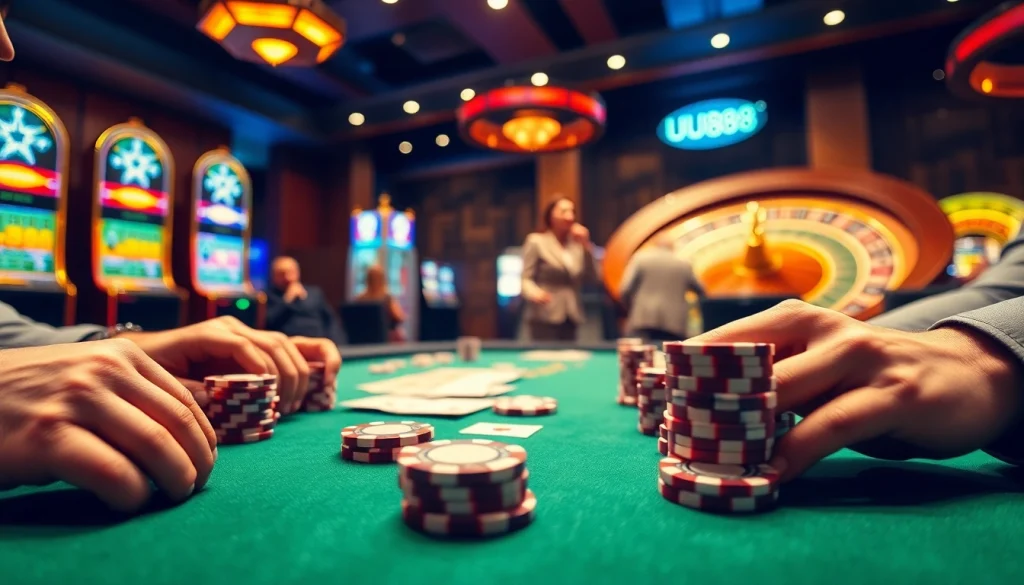 Engaged players at a high-stakes UU88 poker table, showcasing casino excitement and luxury.