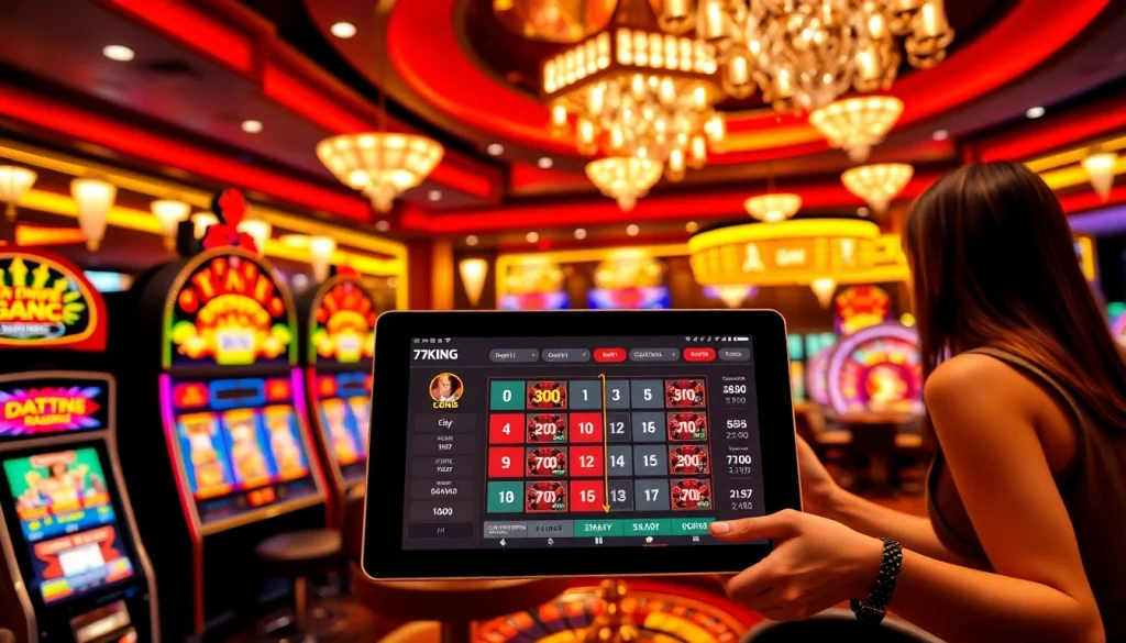Experience the thrill of link vào 79king in a vibrant casino setting with players enjoying slot machines and roulette.
