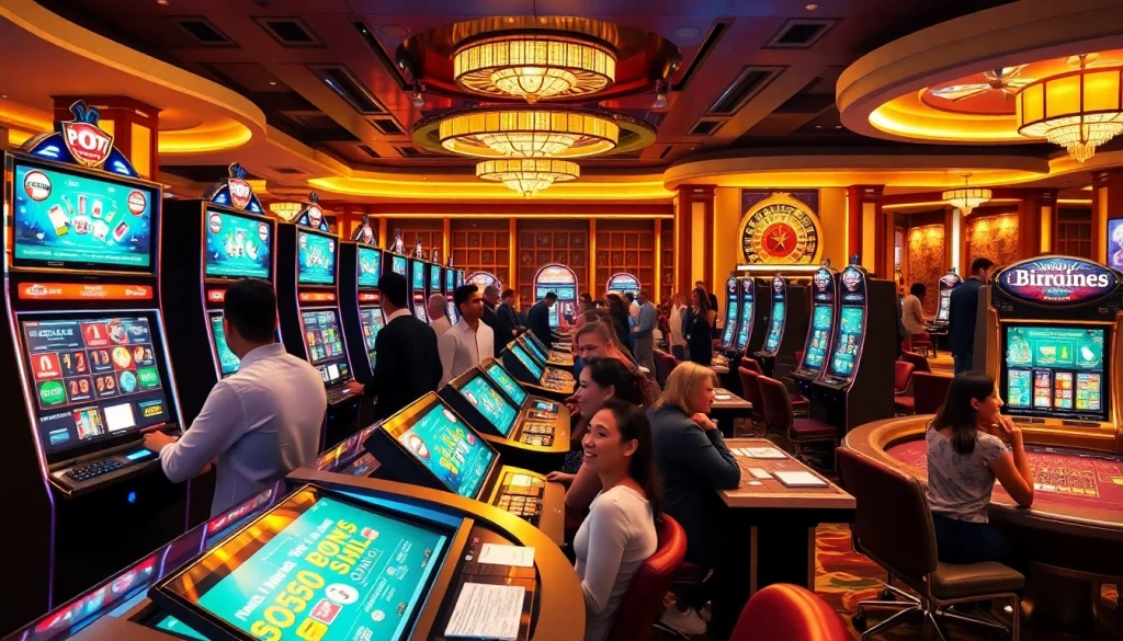 Rasakan permainan Slot dana yang mendebarkan di kasino mewah dengan mesin slot yang berwarna-warni dan pemain yang antusias.