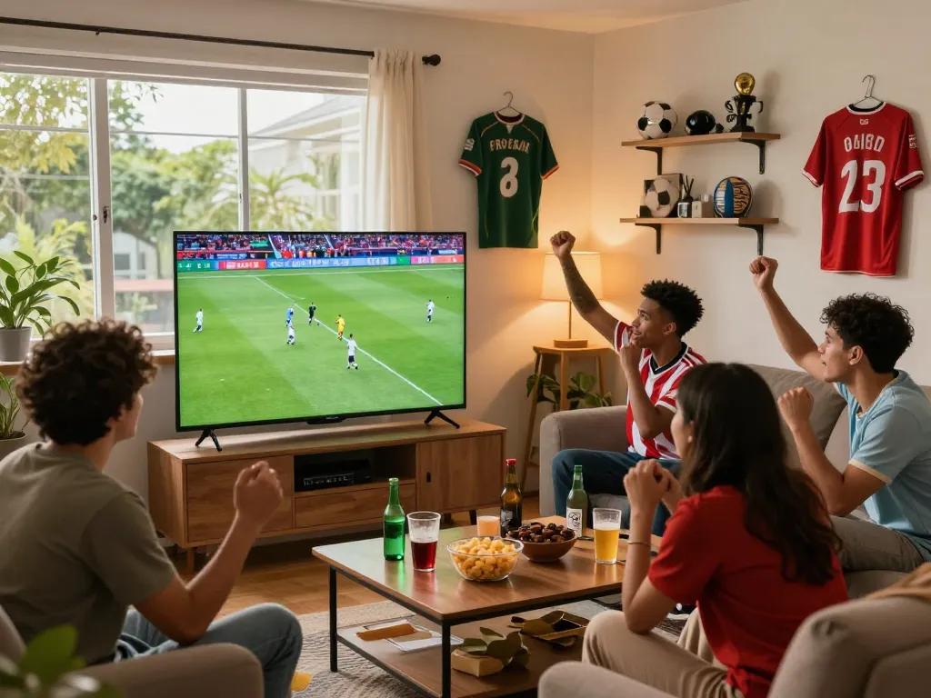 Exciting sports streaming gathering at cakhiatv.uk.com, friends enjoying live football with snacks and drinks.