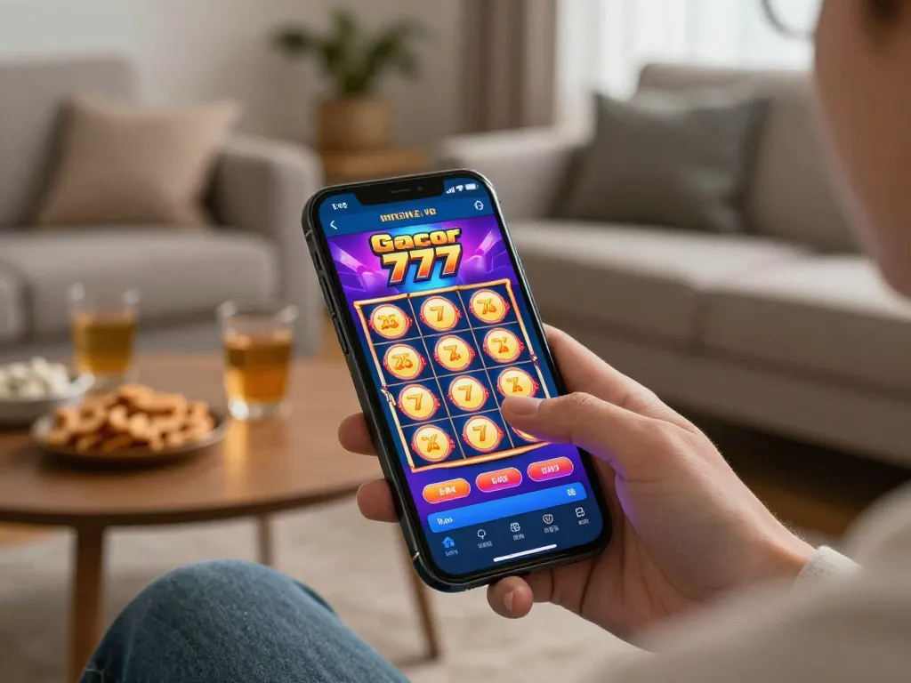 Engaging gameplay on the slot gacor 777 app showcased on smartphone screen in a cozy home setting.