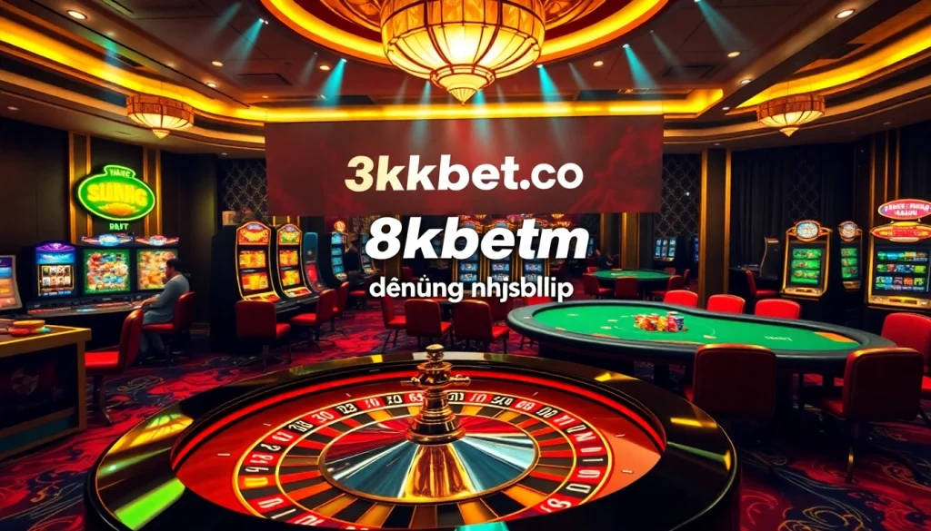 Exciting scene of players interacting with games at 8kbet.com đăng nhập, featuring roulette and poker tables.