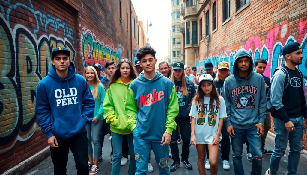 Group of young adults wearing stylish streetwear clothes in an urban setting