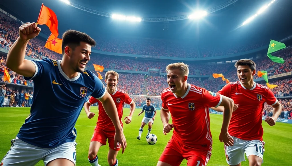 Intense football match highlighting tỷ lệ kèo with players in action and cheering fans.