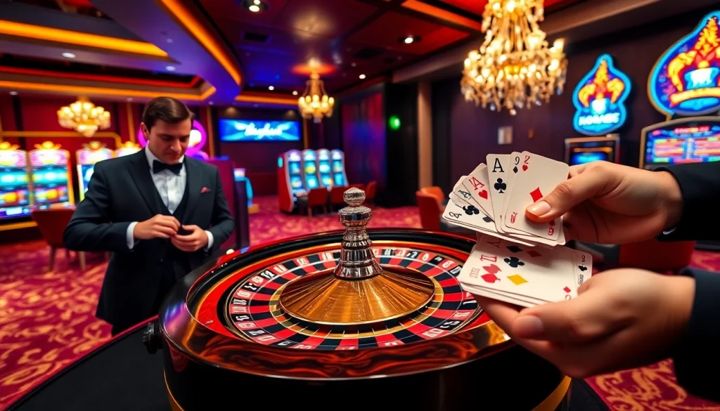 KONG88 players strategizing with cards and chips at a vibrant casino table.