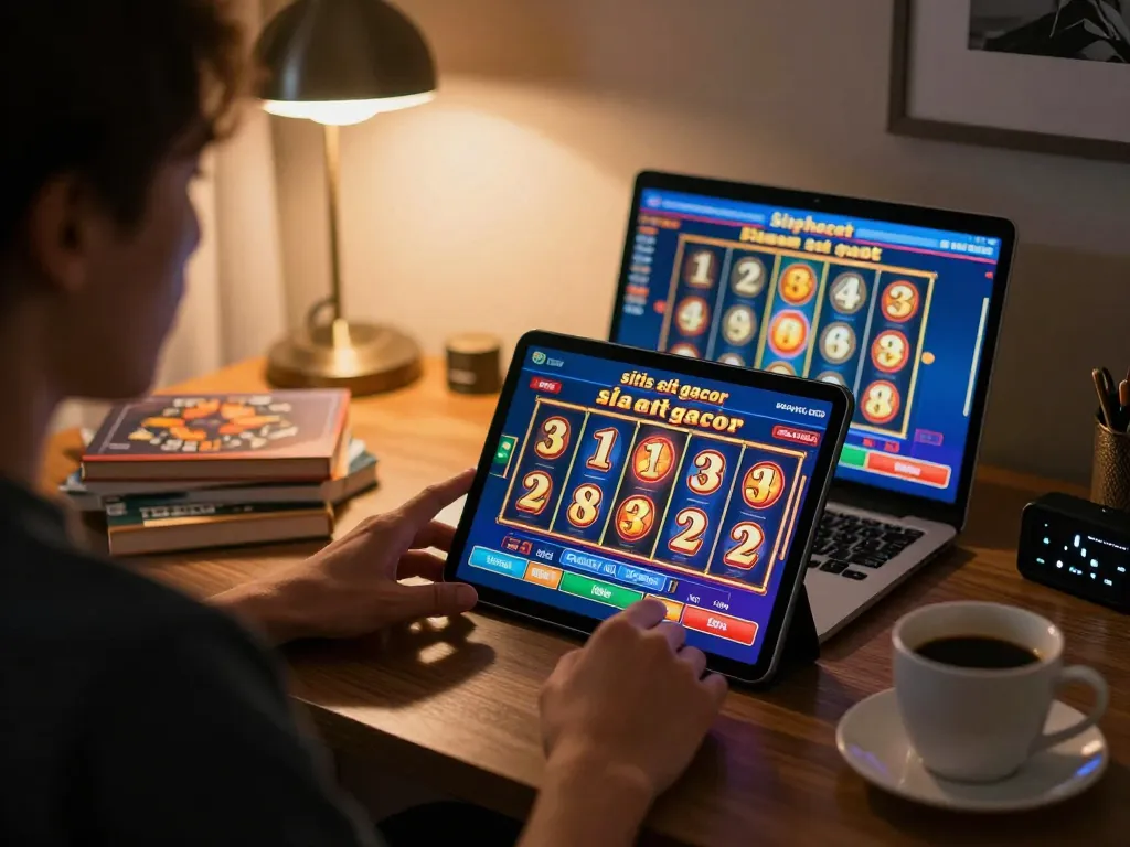 Engaging with situs slot gacor on a tablet in a stylish home setting, showcasing responsible gaming.