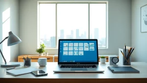 一个现代化工作空间展示了WPS Office在笔记本电脑上的界面，突出强调了在wps官网上下文中生产力和技术。