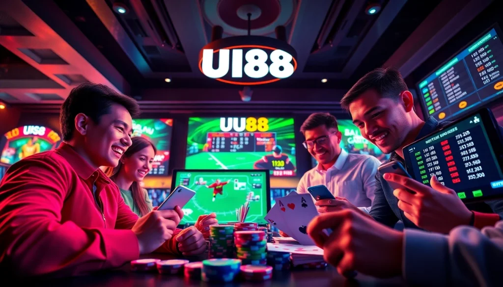 UU88 online betting platform with vibrant gaming interfaces and digital elements.