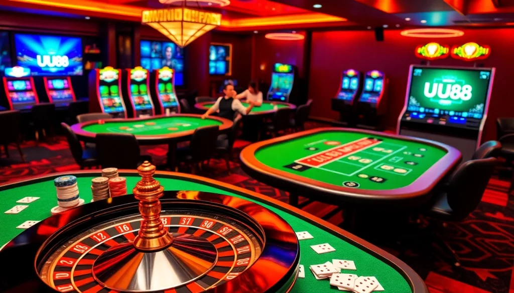 Exciting casino scene with players engaging online and UU88 branding highlighted.