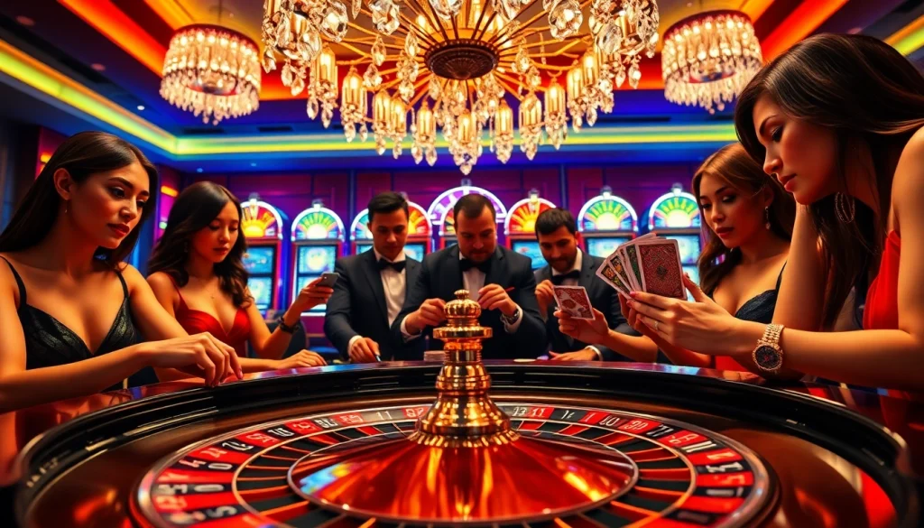 Exciting casino action at https://lc88.bio/ with players focused on roulette, poker chips, and vibrant slot machines.