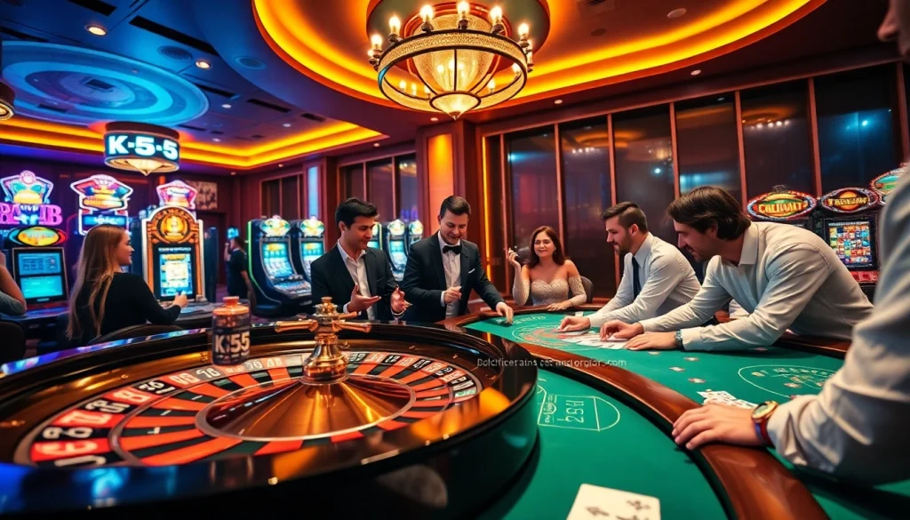 Experience excitement at KK55 casino tables with dealers and colorful slot machines.