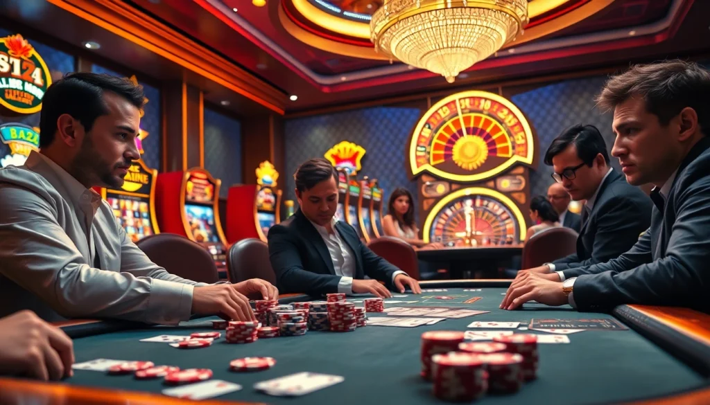 Players intensely strategizing at a high-stakes poker game from https://bem88.com, showcasing luxury and excitement.