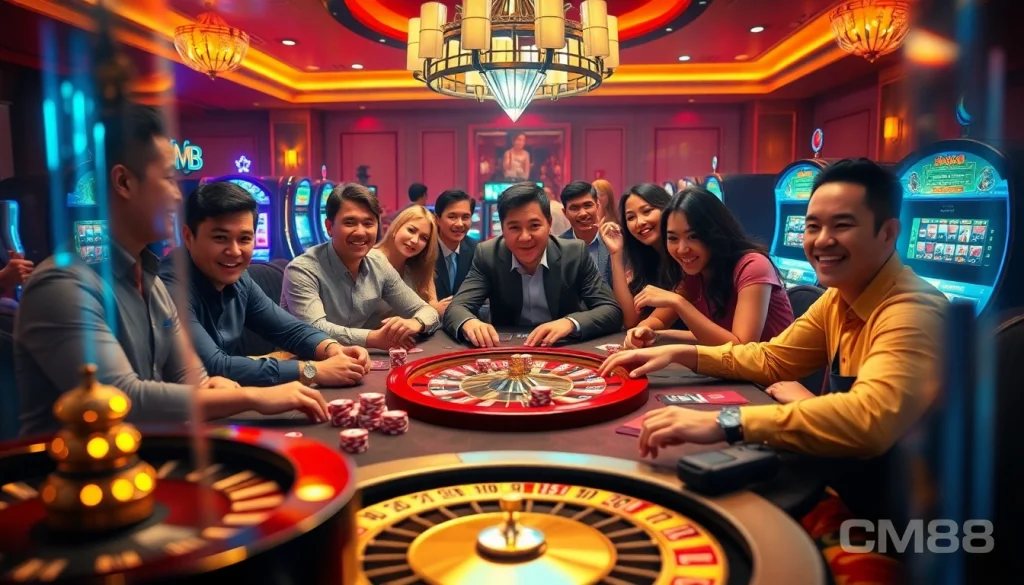Players enjoying high-stakes poker at CM88 trang chủ casino, with chips and cards highlighting excitement.