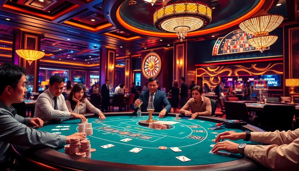 Excited players at the poker table on the trang chủ bj88 casino, with vibrant colors and sophisticated decor.