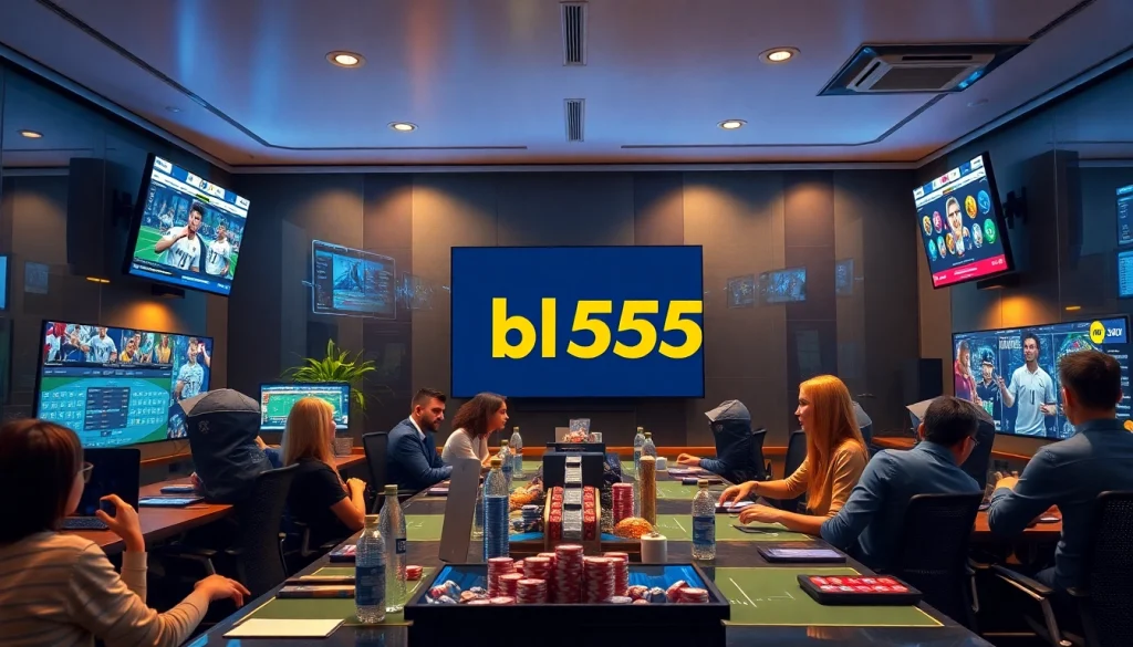 Dynamic scene of nhà cái bl555 online gambling platform showing live sports betting and casino excitement.
